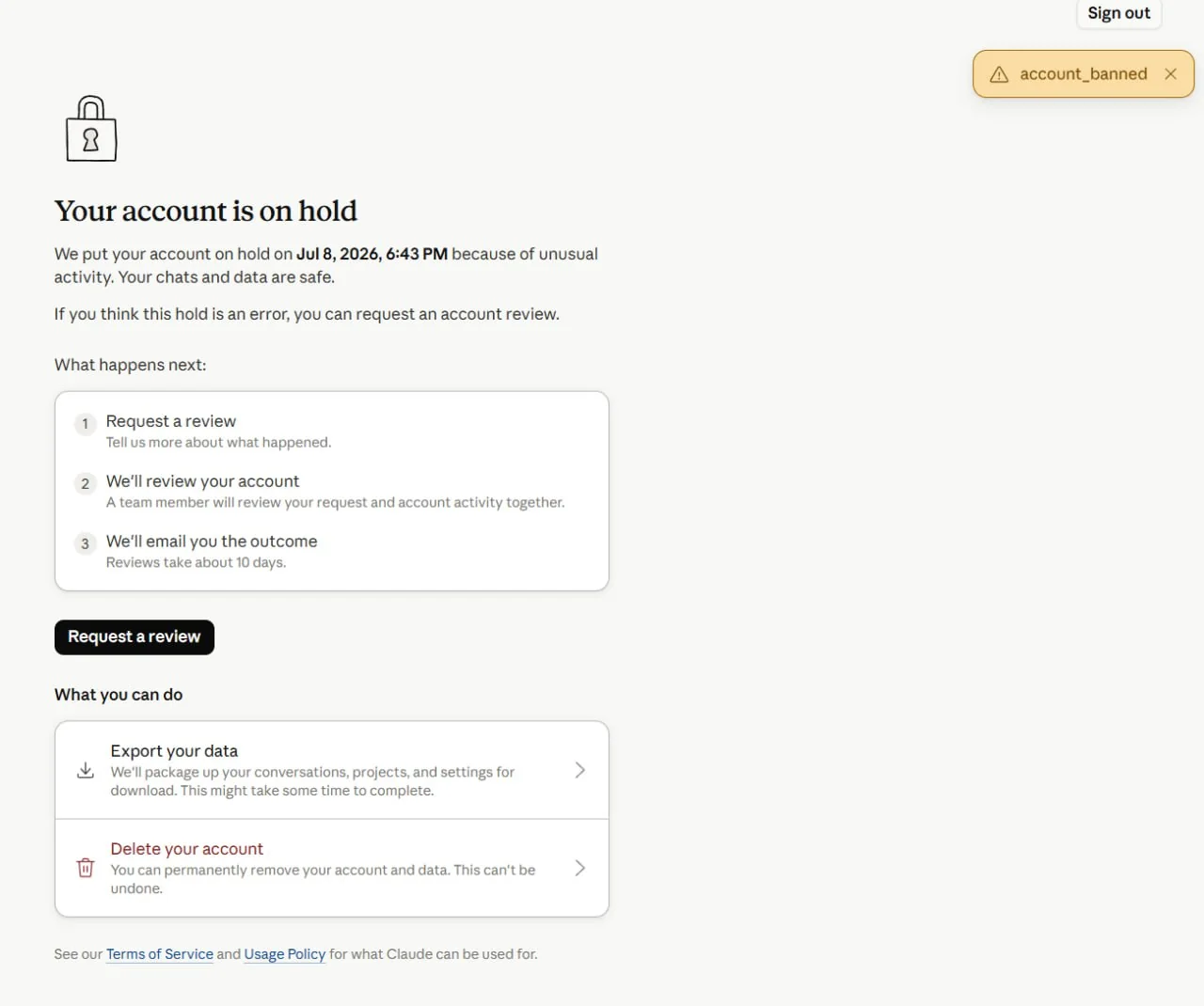 Экран заблокированного аккаунта: кнопка «Request a review» (апелляция) и блок «Export your data» (выгрузка данных)