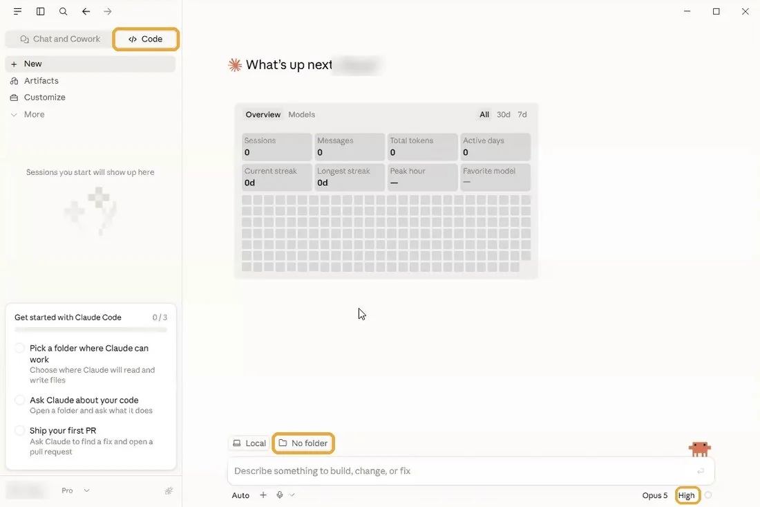Вкладка Code в приложении Claude. Над полем ввода — «No folder»: рабочая папка не выбрана
