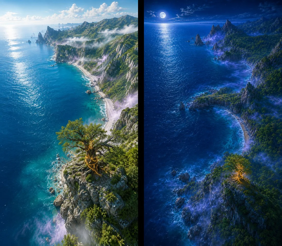 лукоморье с высоты днём и ночью